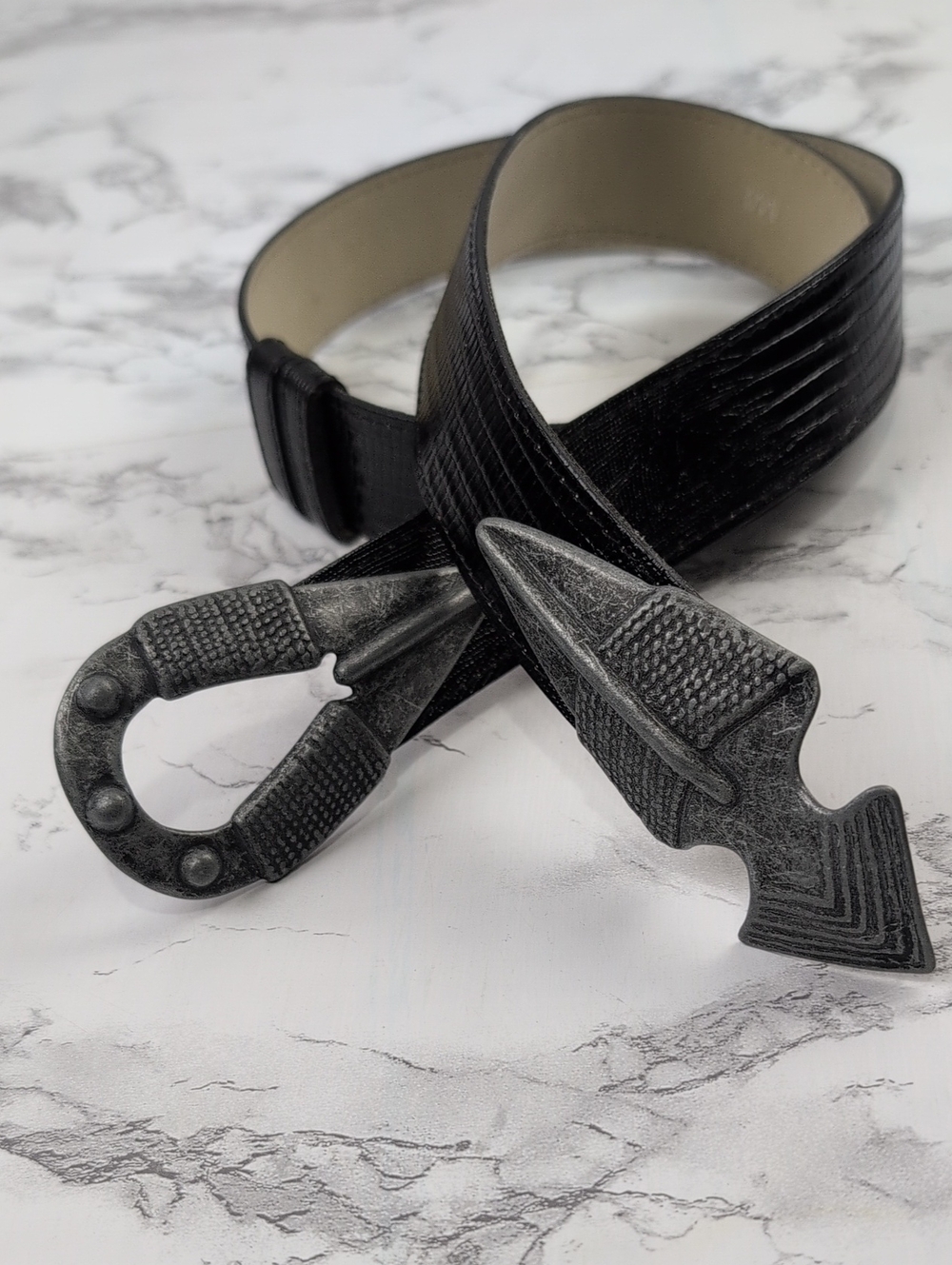 Vintage Style Western Textured Black Belt with Statement Silver Buckle